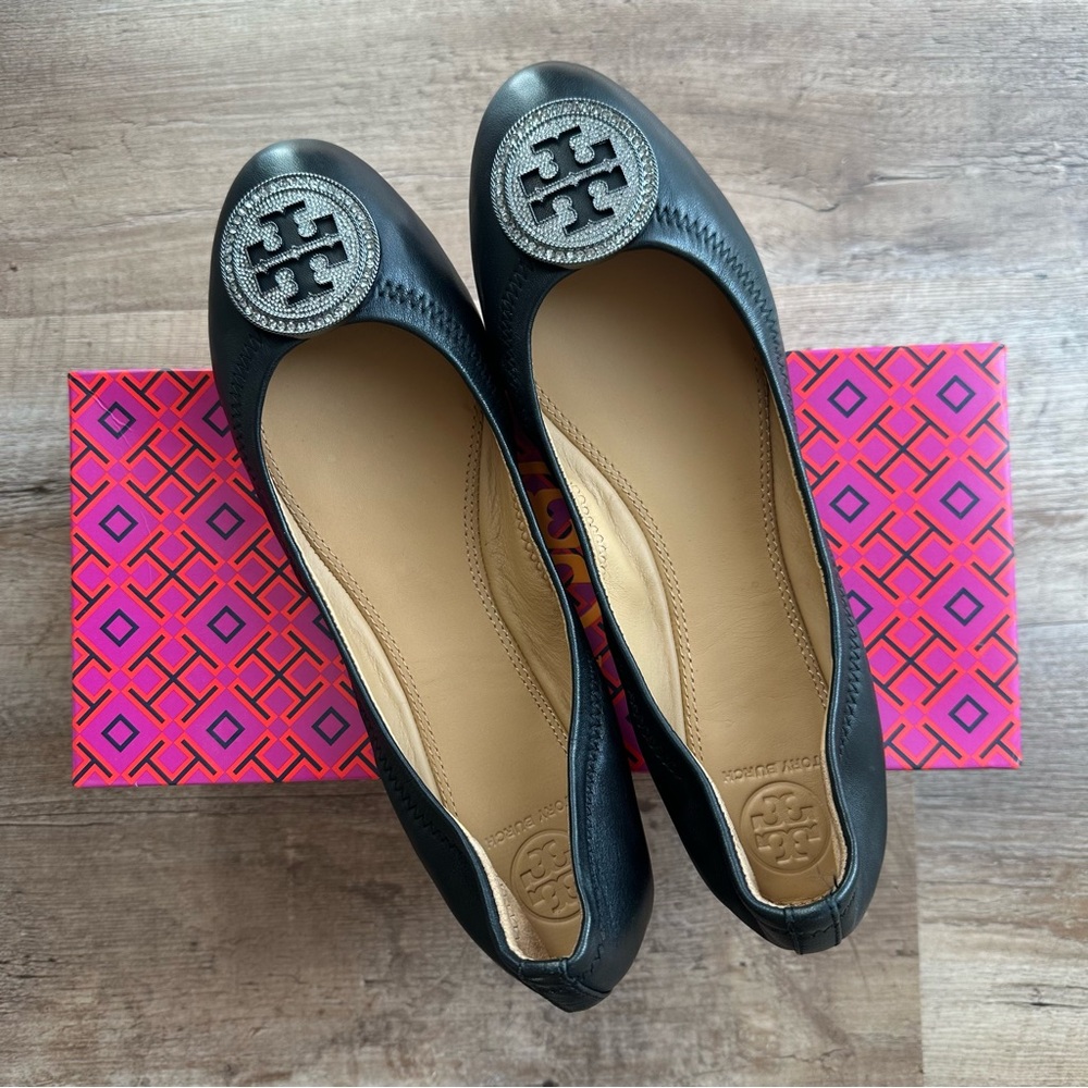 Tory Burch Liana Black Leather Flats with Gunmetal Silver Embellished Logo